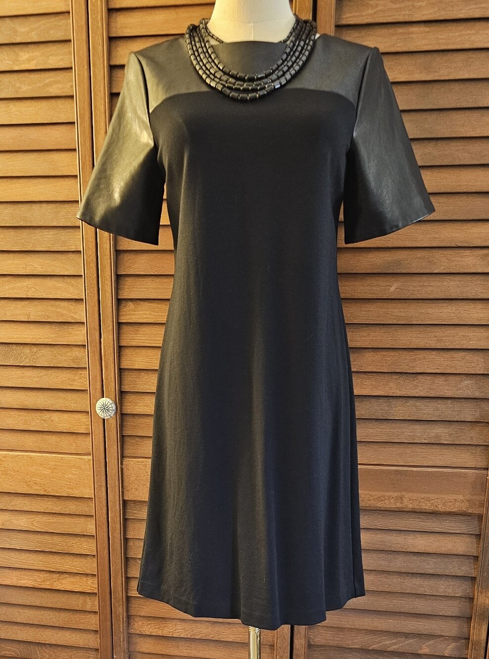 Ann Taylor Black A-Line Dress with Faux Leather Yoke and Sleeves
